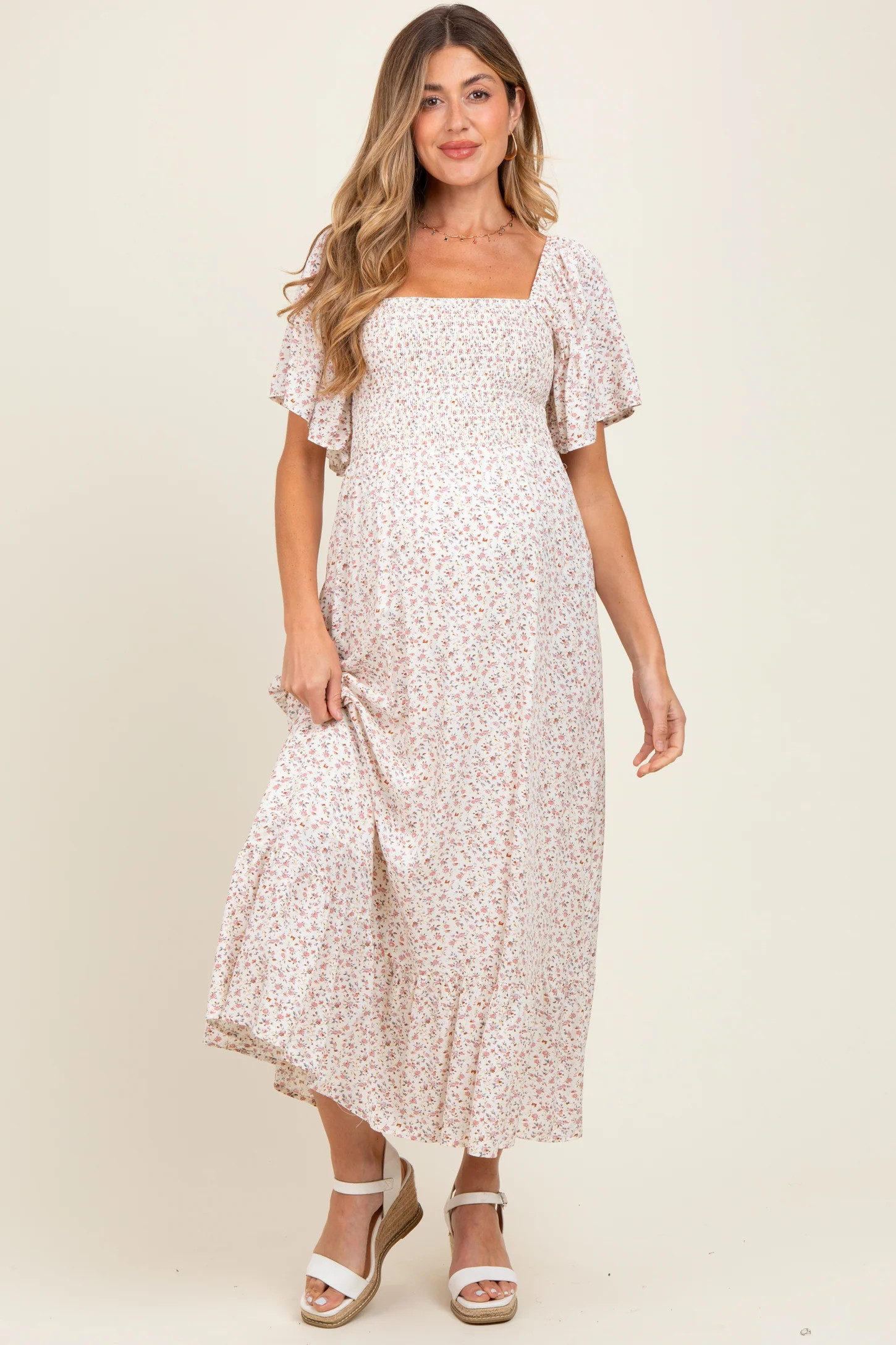 Cream Multi Ditsy Floral Smocked Maternity Midi Dress | PinkBlush Maternity