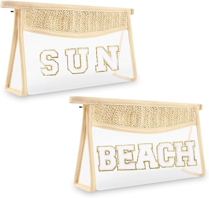 2Pcs Preppy Patch Sun Bag - Makeup Letter Bag, Boho Beach Swim Toiletry Pouch, Waterproof Zipper ... | Amazon (US)