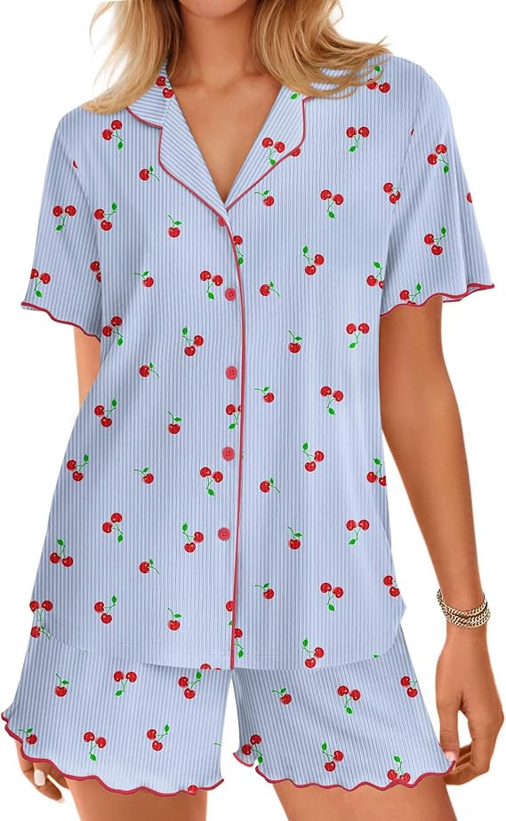 Ekouaer Button Up Pajamas for Women Set Ribbed Knit Pjs 2 Piece Lounge Set | Amazon (US)