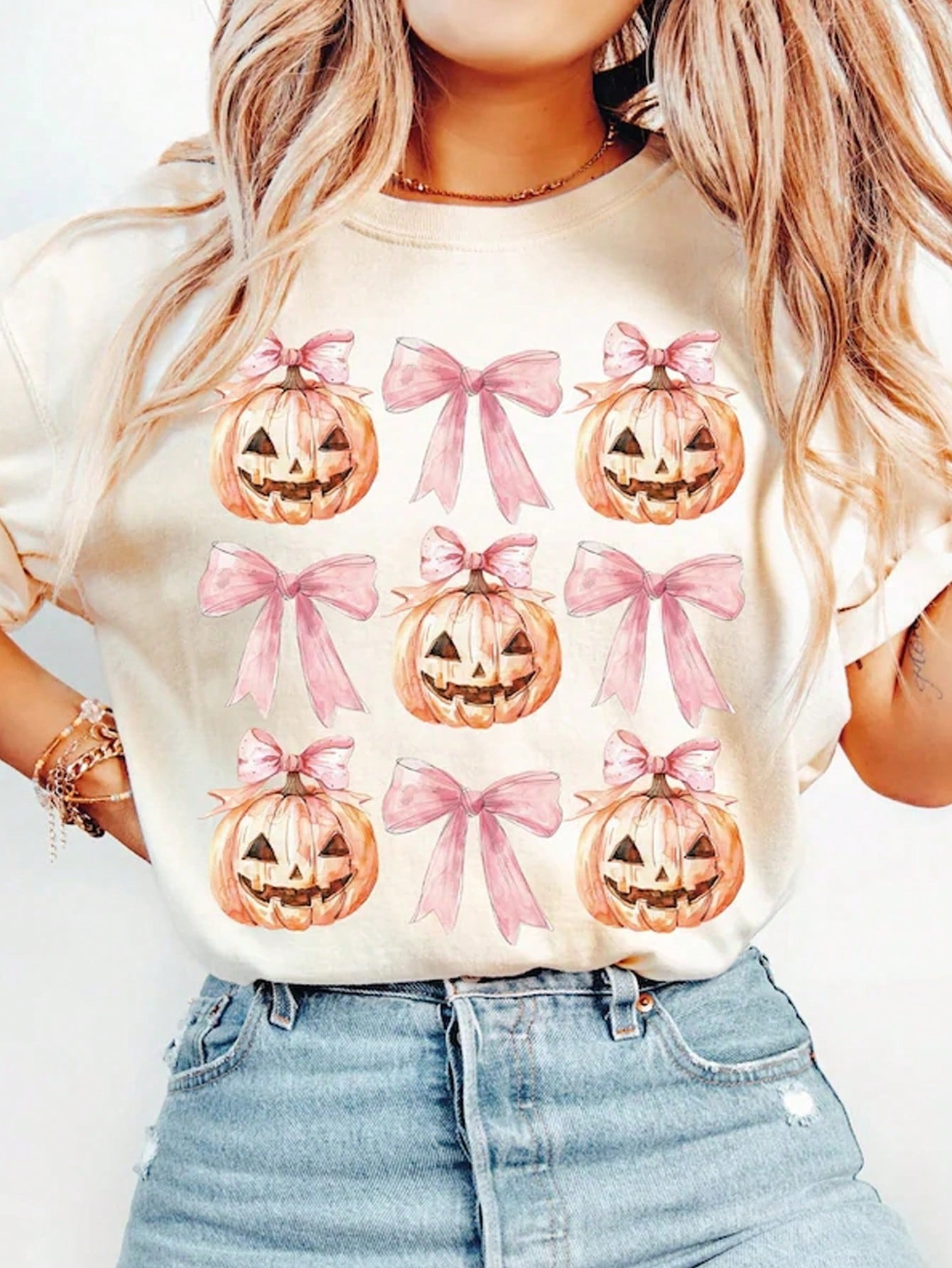 SHEIN EZwear Pumpkin Bow Decor Women's Round Neck Short Sleeve T-Shirt | SHEIN USA | SHEIN