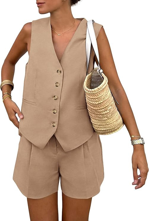 2 Piece Outfits for Women Summer Bussiness Linen Sets Sleeveless V Neck Vest Button Waistcoat and... | Amazon (US)
