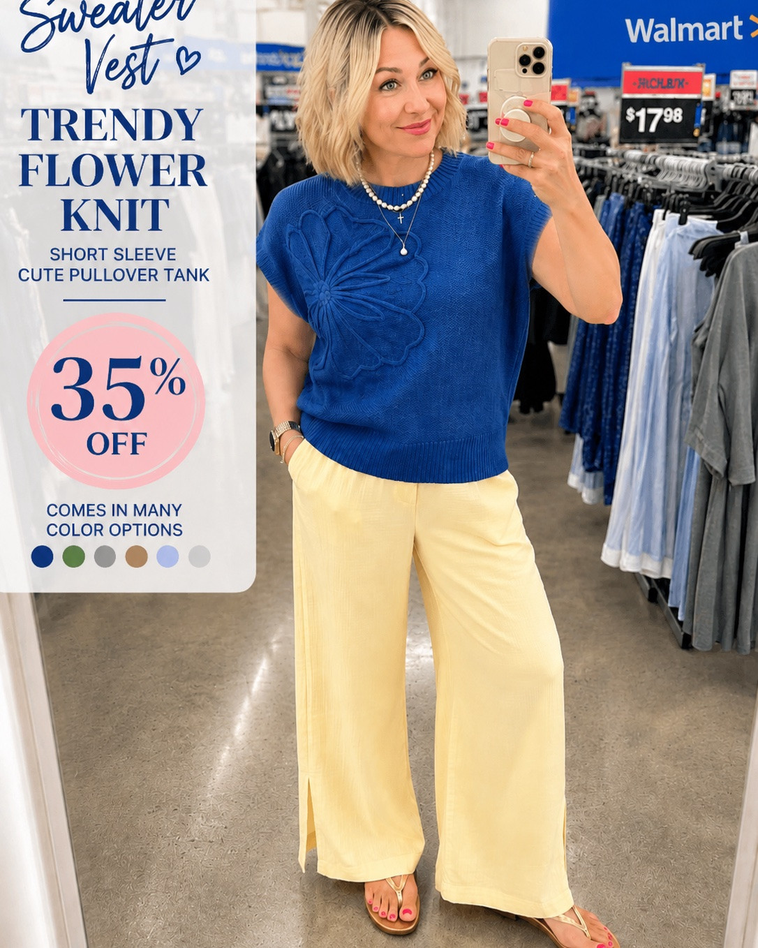 Walmart fashion finds, Walmart outfit ideas, midsize fashion, over 50 fashion, midlife style, affordable fashion, summer outfit ideas, flower knit sweater vest, sweater vest outfit, Walmart clothing haul, casual chic outfit, yellow wide leg pants, gold sandals outfit, everyday style over 50, women over 50 fashion, midsize outfit inspiration, budget friendly fashion, Walmart summer fashion, casual summer outfit, colorful outfit ideas, AnyasLooks, fashion over 50, Walmart style finds, wearable fashion, summer fashion trends.