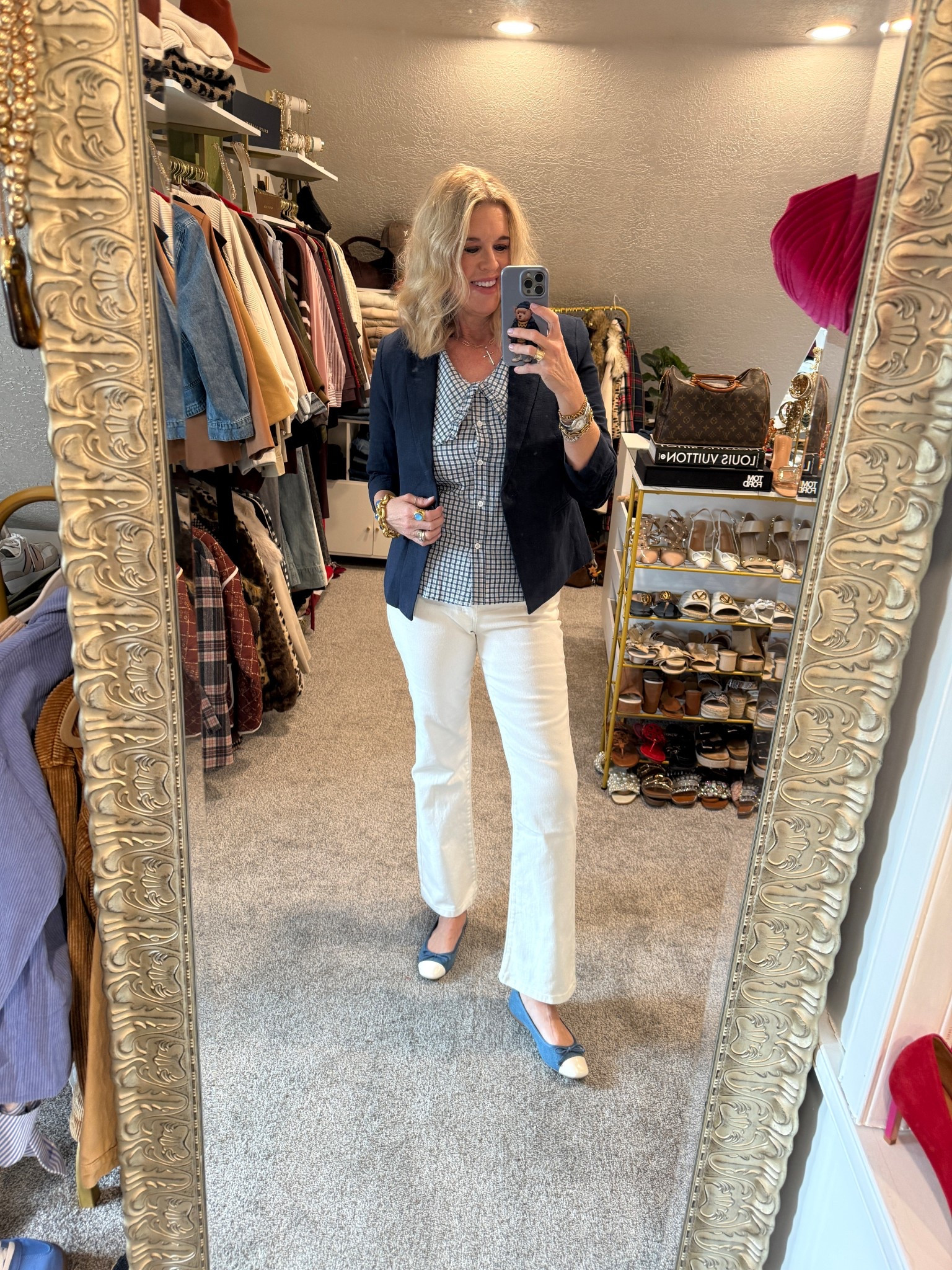 Styling White Jeans and Navy
The perfect Spring Color combo ✔️

White jeans are by Oliver Logan, made in California, fit comfortable and tts 
(Unfortunately I can’t link)
Linked similar ones I own

Plaid Top with oversized Peter Pan collar and puff 3/4 sleeve
  is an Amazon find, I did love so much I got in two colors (pink & Blue) fits tts so affordable 

New Linen blazer by Gibsonlook 
With ruched sleeves, perfect for spring and summer fits tts in a med  💙save 10% off with code DARCY10 

Ballerina denim flats with cap toe mine are old loft bu I found the same 

Julie Vos Jewlery 


#LTKOver40 #LTKootd #LTKgrwm