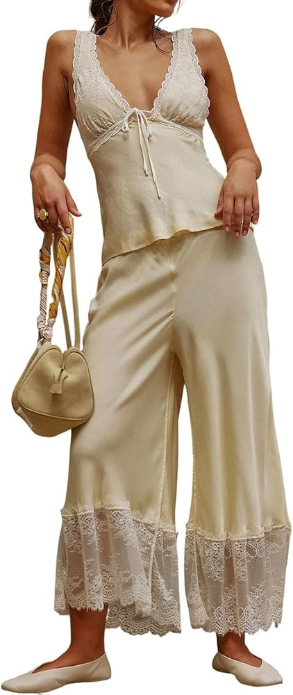 Foidiccx Womens 2 Piece Lace Patchwork Satin Going Out Matching Outfits Sets Y2k Boho Cute Going ... | Amazon (US)