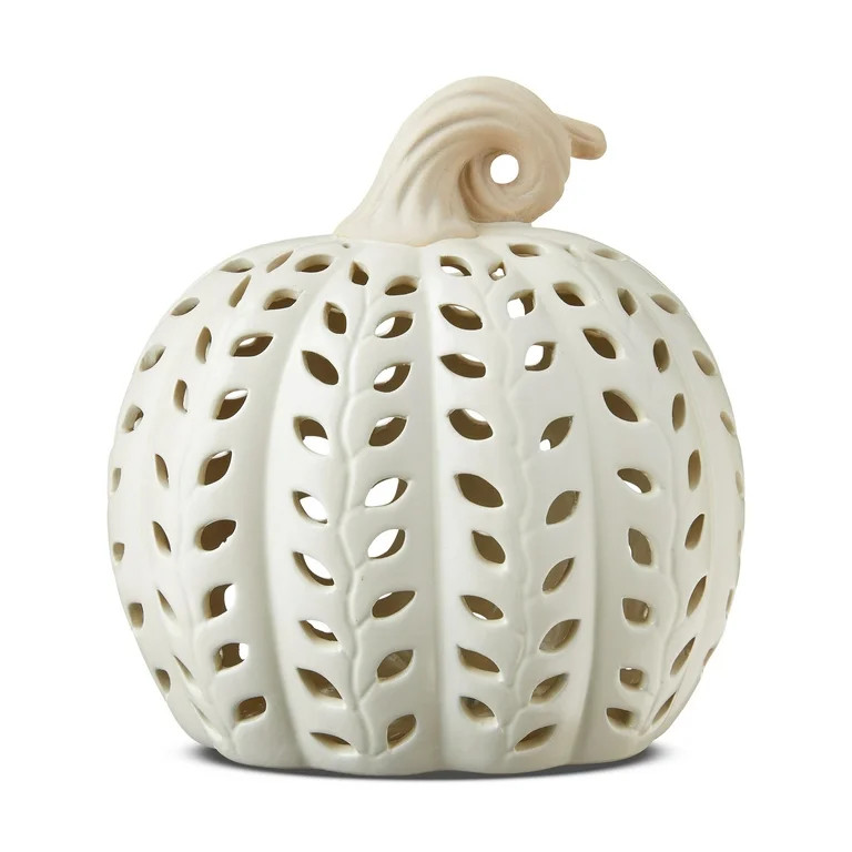 Ceramic Pumpkin with Light Tabletop Decor, White, 8", Fall by Way To Celebrate | Walmart (US)