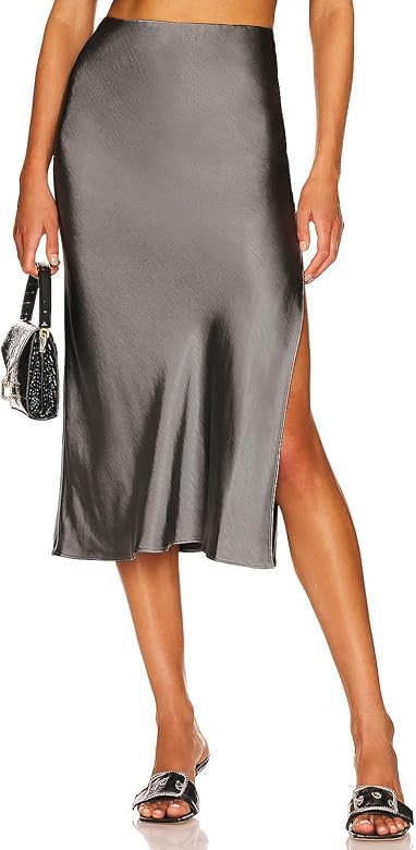 Womens Satin Silk High Waist Slit Midi Skirt Elastic Waistband Midi Skirts for Women | Amazon (US)