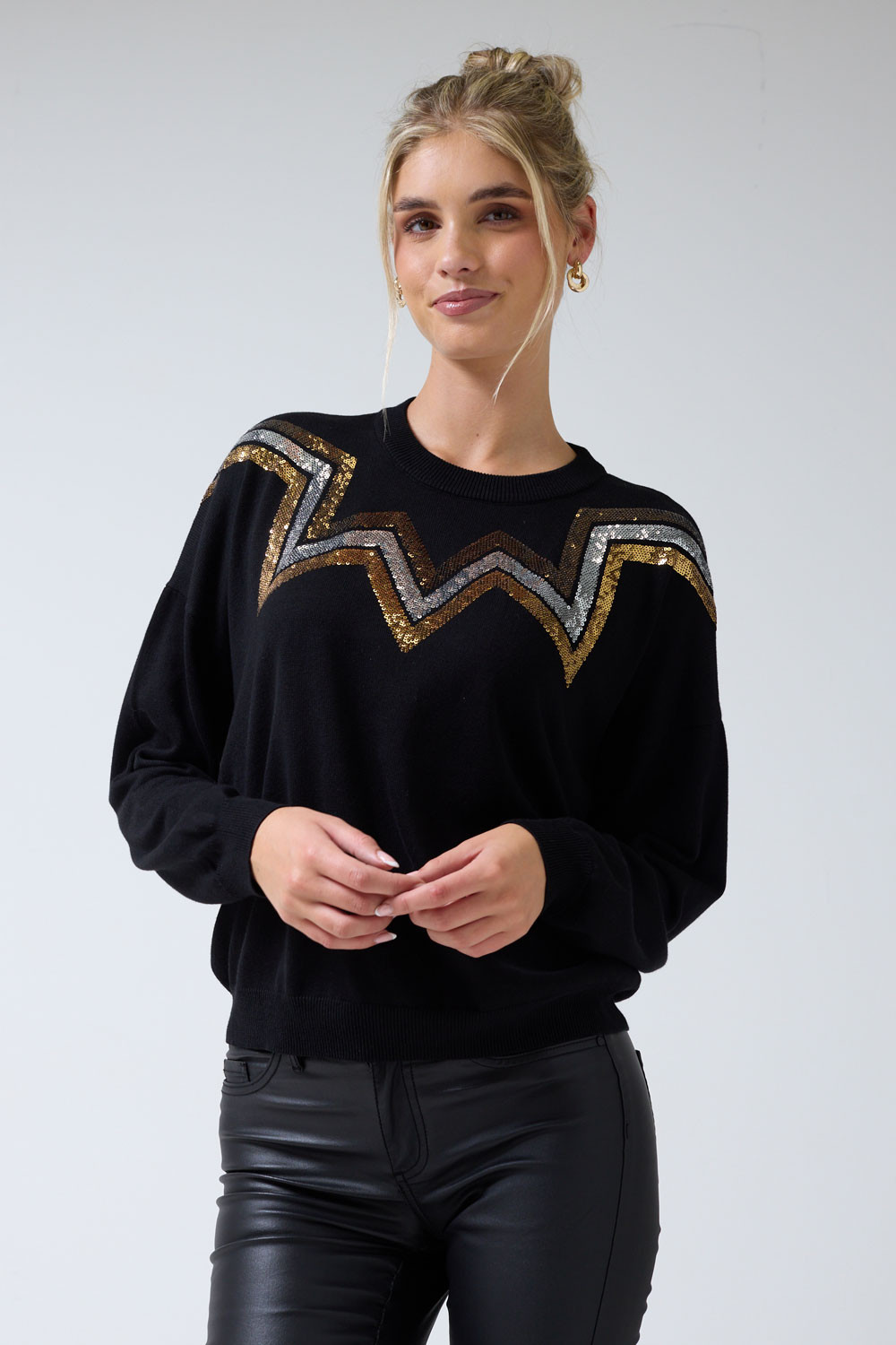 Anali Silver and Gold Sequin Chevron Embellished Jumper in Black | iCLOTHING
