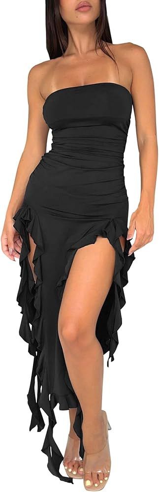 Womens Fitted Bandeau Strapless Asymmetric Thigh Splits Frills Ruffle Ruched Bodycon Midi Dresses | Amazon (US)