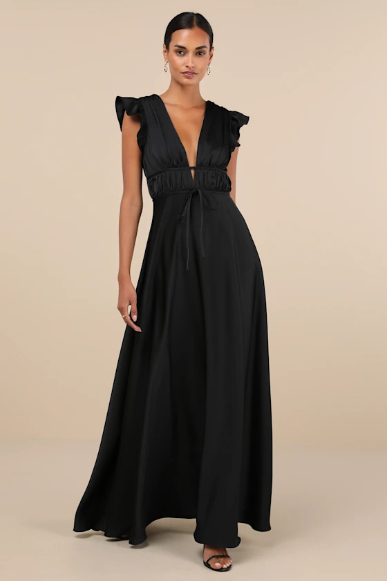 I'm All Yours Black Satin Cutout Ruffled Maxi Dress | Lulus
