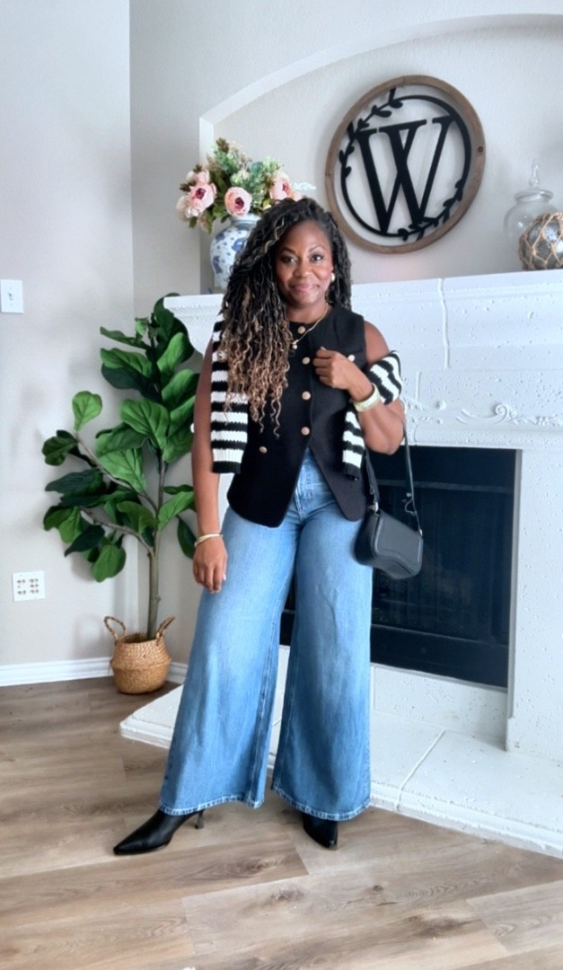 Whole outfit on sale!

Waist coat vest, old navy jeans  wide leg super high rise, kitten heel boots, striped cardigan 

#LTKSaleAlert #LTKootd #LTKCyberWeek