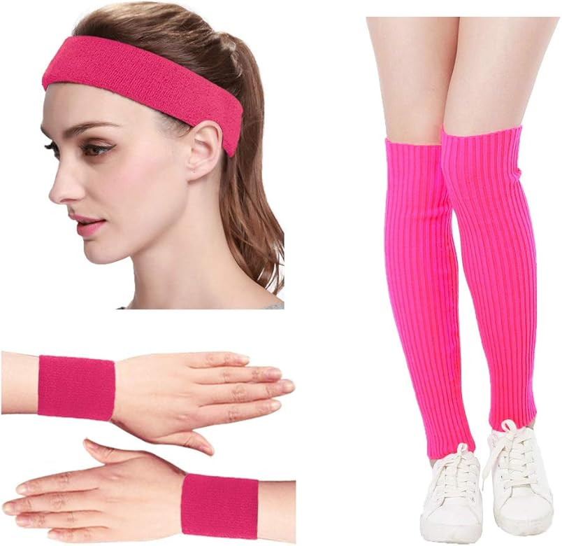 Kimberly's Knit Women 80s Neon Pink Running Headband Wristbands Leg Warmers Set | Amazon (US)