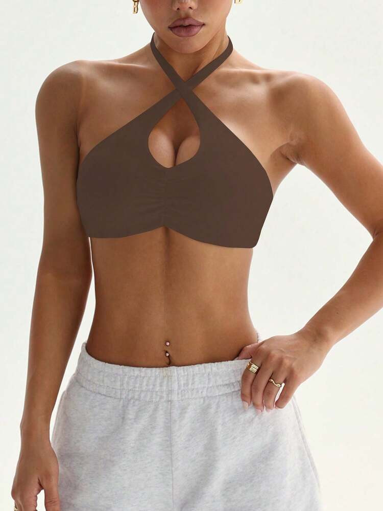 Dewbera Women's Sports Bra With Front Ruched Halter Neck, Removable Padded Criss-Cross Straps, Su... | SHEIN