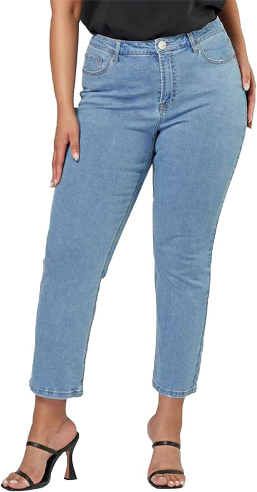 Plus Size Tapered Jeans for Women High Waist Loose Women Jeans Curvy Stretchy Black and Blue Deni... | Amazon (US)