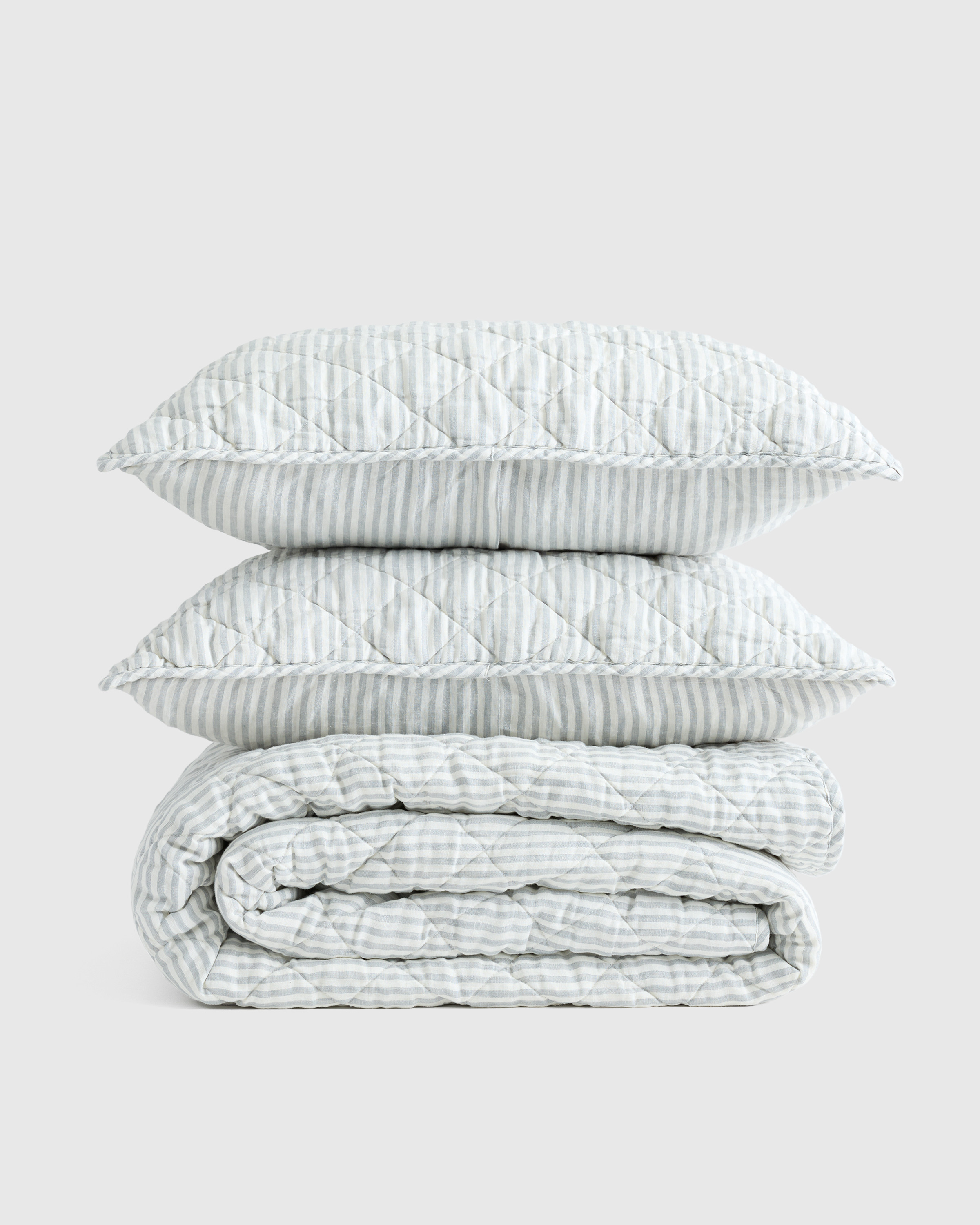 Quince | European Linen Stripe Quilt Set in Mist/White Stripe, Size Full/Queen | Quince