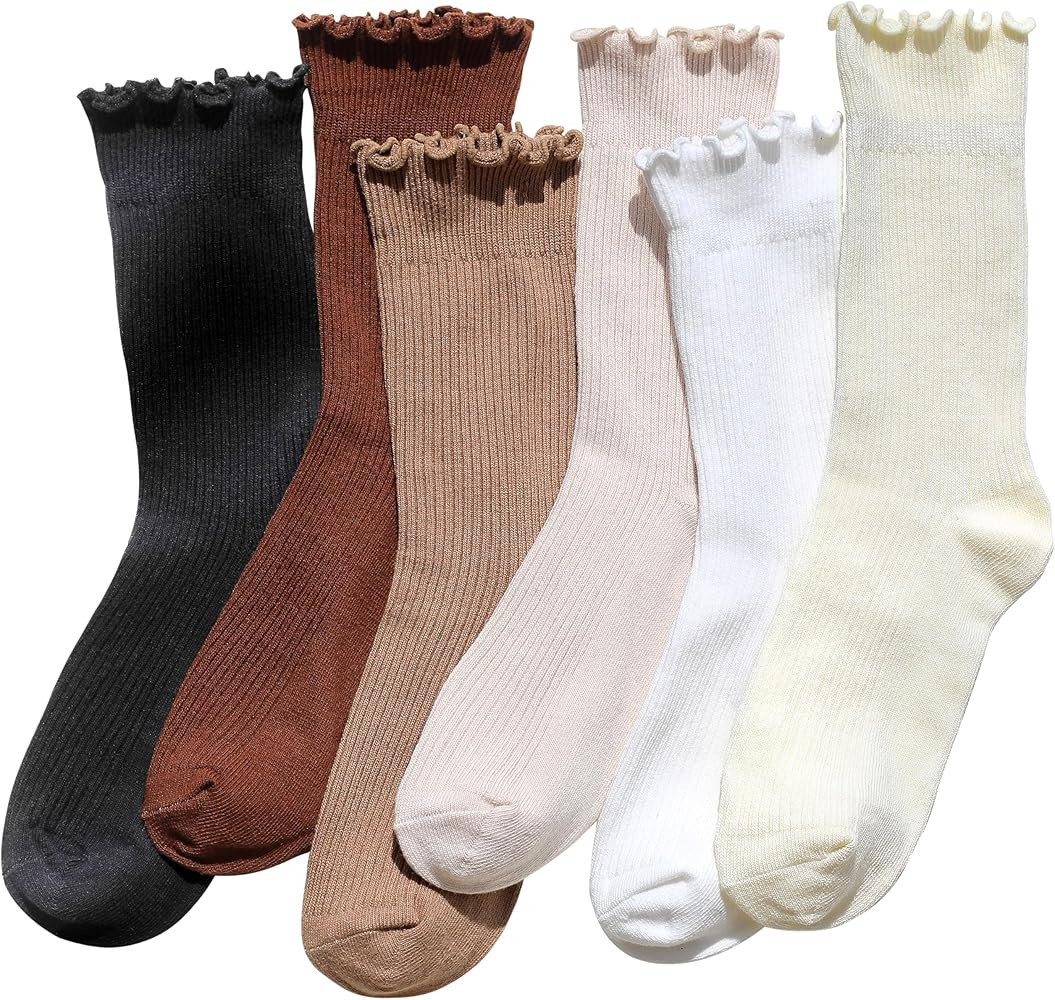 Ruffle Socks for Women, Frilly Crew Socks, Casual Breathable Cotton Cute 6 Pairs | Amazon (US)