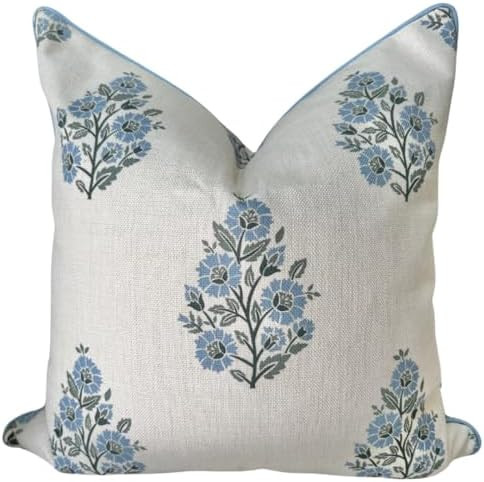 “The Camille” Floral Block Print Pillow Cover – Soft Blue and White Decorative Throw Pillow... | Amazon (US)