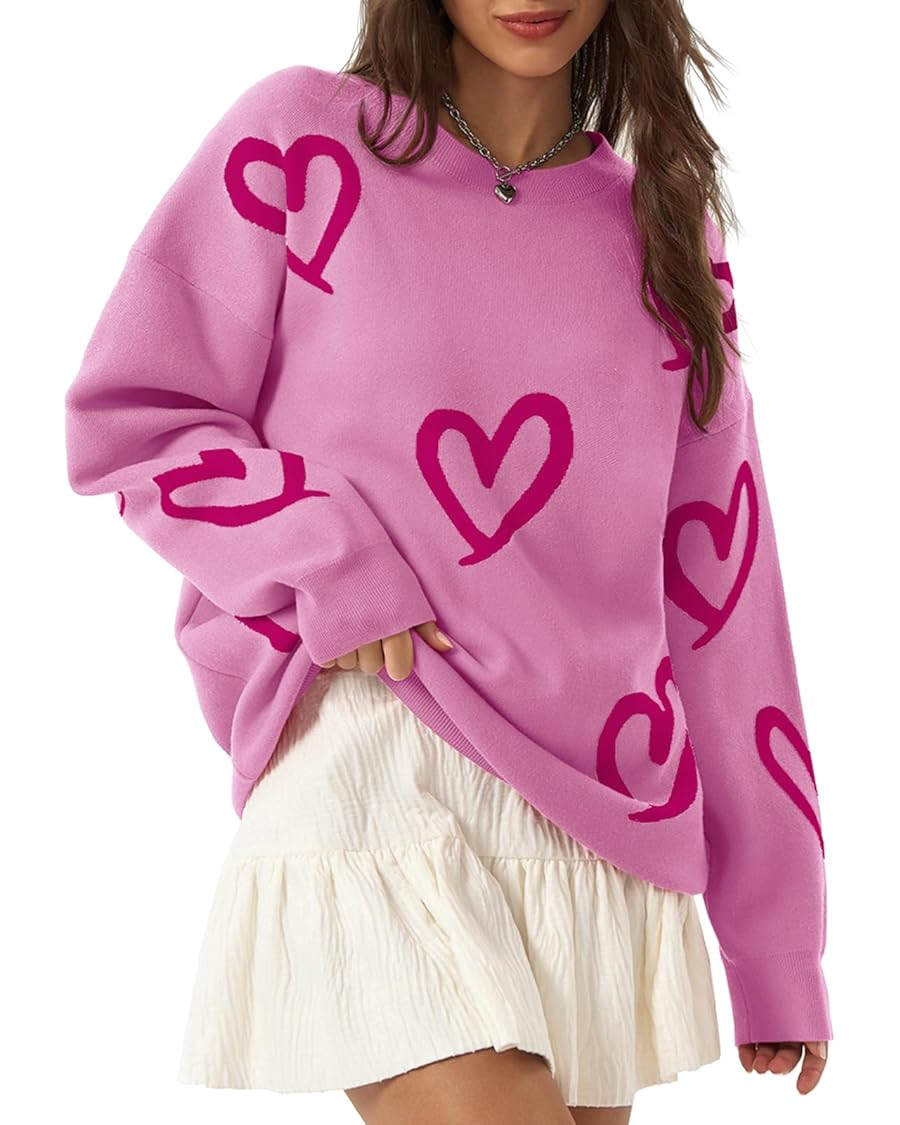Saodimallsu Womens Oversized Heart Sweater Crew Neck Long Sleeve Knit Cute Valentines Pullover Sw... | Amazon (US)
