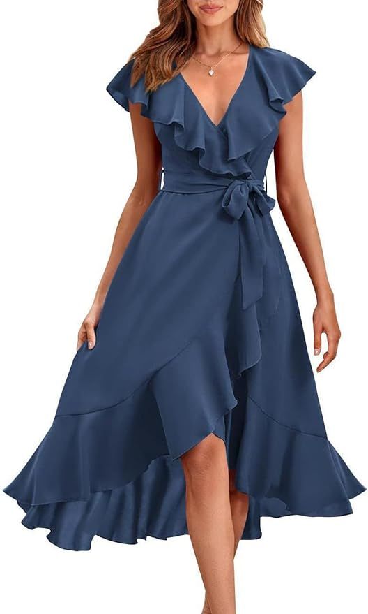 PRETTYGARDEN Women's 2024 Summer Wrap Midi Dress Casual Boho Deep V Neck Short Sleeve Ruffle Hem ... | Amazon (US)