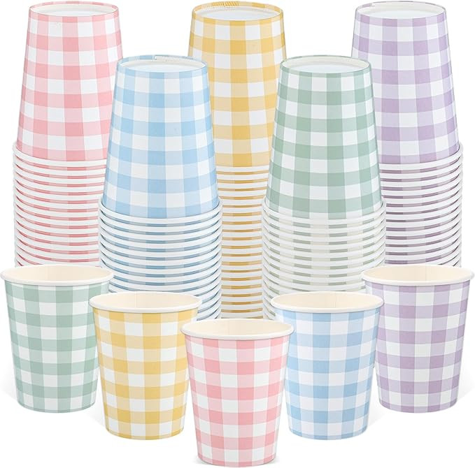 100 Pack Pastel Paper Cups, 9oz Easter Paper Cups Pastel Gingham Party Cup Bulk Disposable Drinki... | Amazon (US)