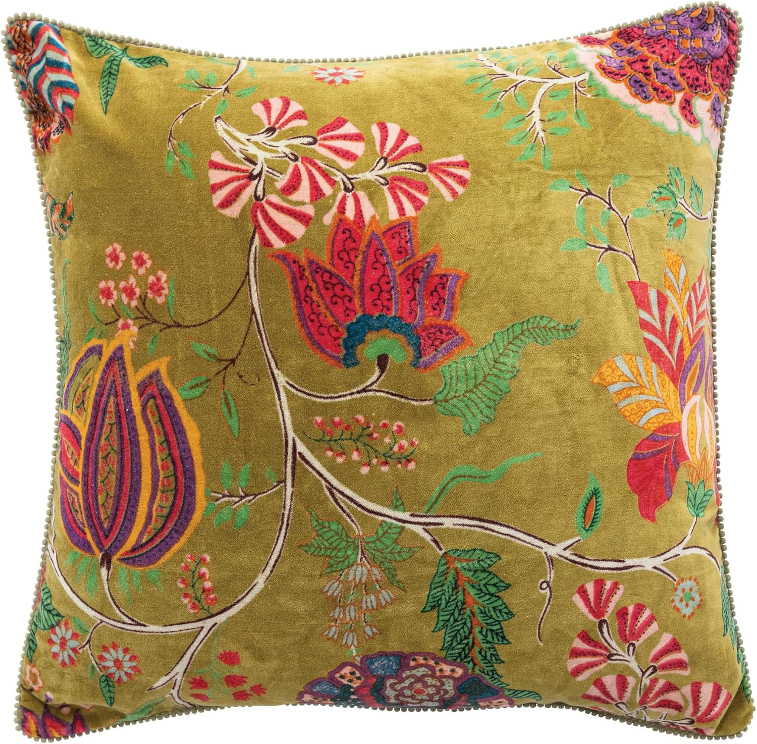 Creative Co-Op Cotton Blend Velvet Printed Pillow with Flowers and Mini Pom Pom Trim, Multicolor | Amazon (US)