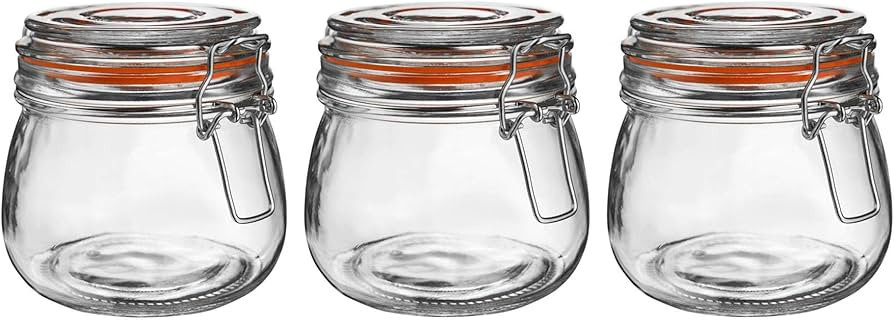 Argon Tableware 3x 500ml (0.5 Litre) Clear Glass Storage Jars with Orange Airtight Silicone Seal ... | Amazon (UK)