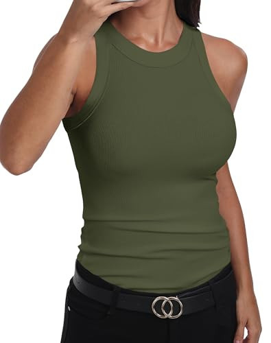GEMBERA Womens Sleeveless Racerback High Neck Basic Ribbed Knit Fitted Tank Top,OliveGreen,L | Amazon (US)