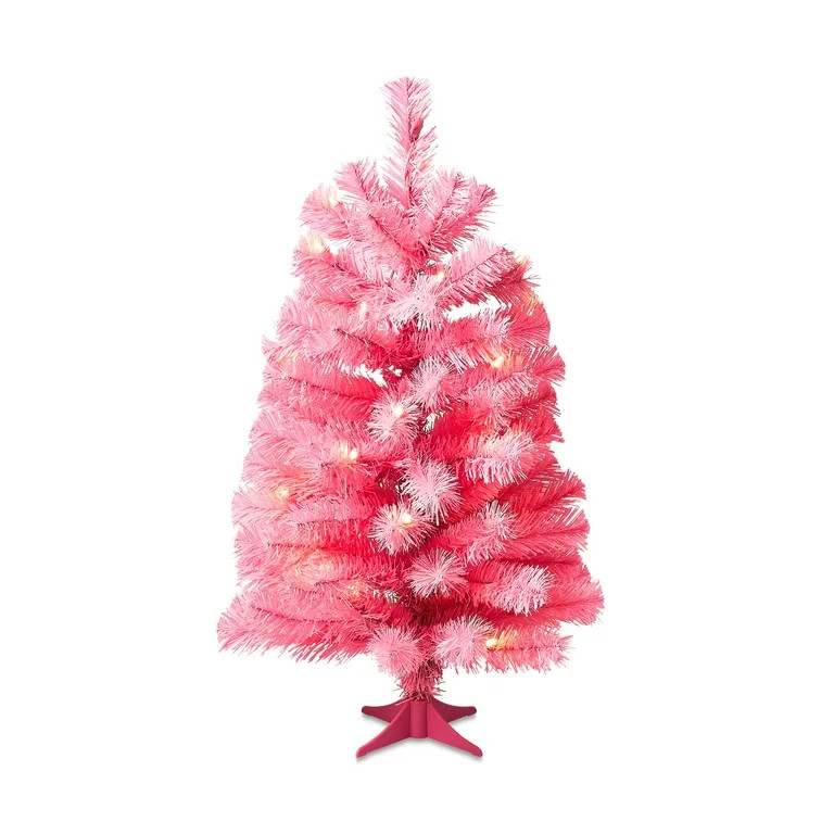 24 in Pre-Lit Pink Artificial Christmas Tree with 35 Warm White LED Lights and Stand, by Holiday ... | Walmart (US)
