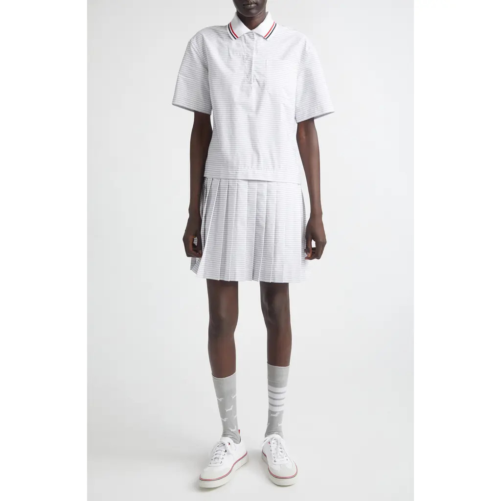 Thom Browne Stripe Pleated Cotton Polo Shirtdress in Med Grey at Nordstrom, Size 10 Us | Nordstrom