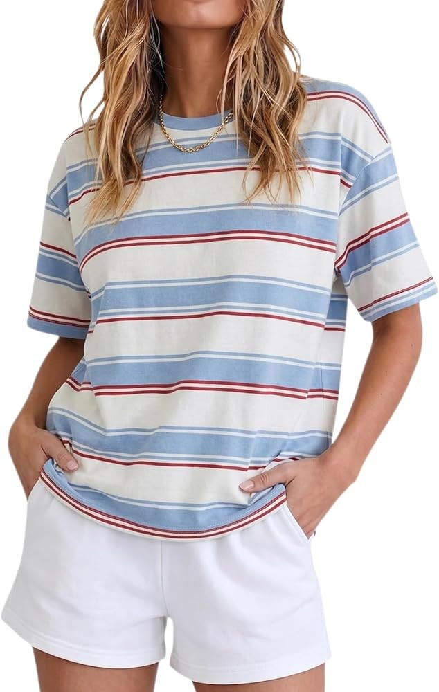 Allimy Women's Vintage Boxy Cropped Tee Short Sleeve Striped T Shirt Loose Fit Tops Casual Summer... | Amazon (US)