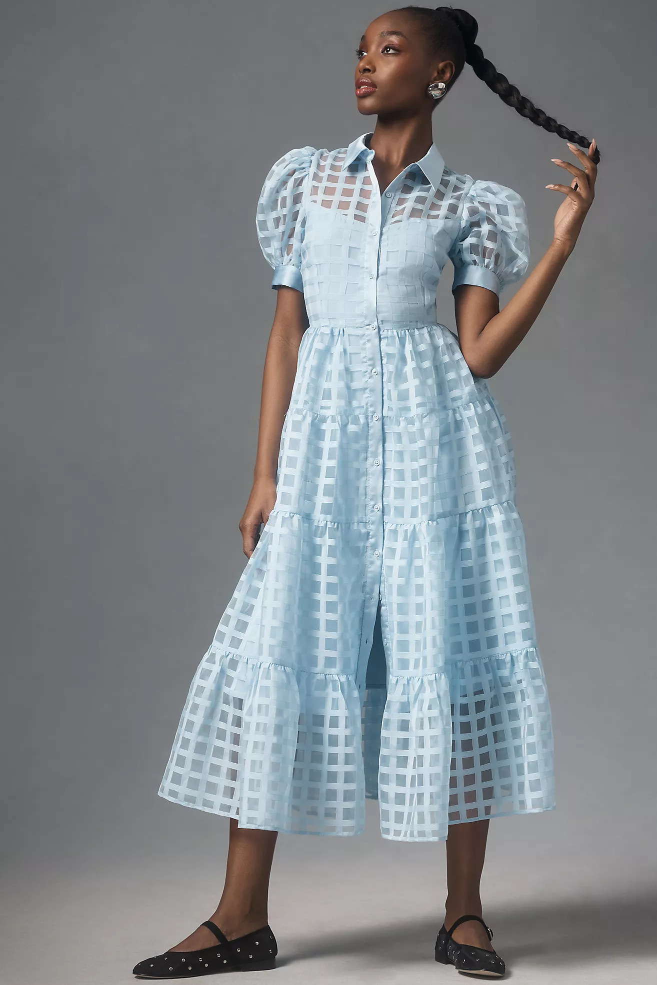English Factory Organza Short-Sleeve Button-Front Midi Dress | Anthropologie (US)