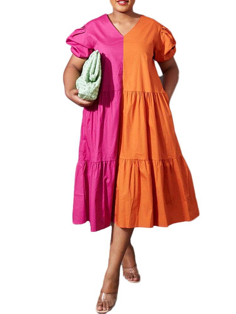 Women's Short Sleeve V Neck Patchwork Holiday Ruffles Hem A-line Dresses | Walmart (US)