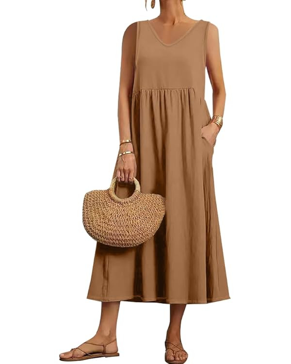 Zhyaj Summer Cotton Linen Maxi Dress Sleeveless V Neck Solid Color Boho Dress with Pockets Loose ... | Amazon (US)
