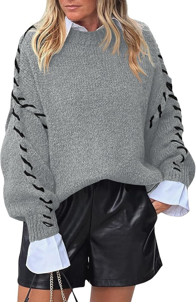 Saodimallsu Womens Oversized Sweaters Crew Neck Puff Long Sleeve Knit Fall Loose Chunky Trendy Ca... | Amazon (US)