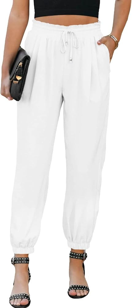 EVALESS Womens 2026 Summer Casual Pants Drawstring Elastic High Waisted Work Trousers Joggers Tre... | Amazon (US)