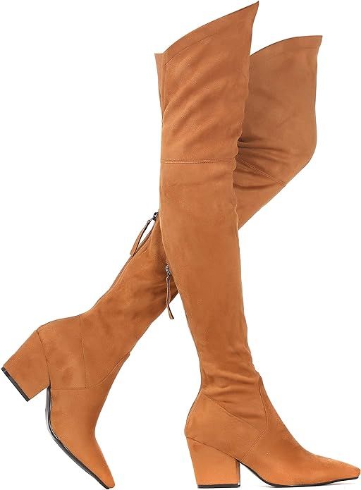 Shoe'N Tale Women Stretch Suede Chunky Heel Thigh High Over The Knee Boots | Amazon (US)