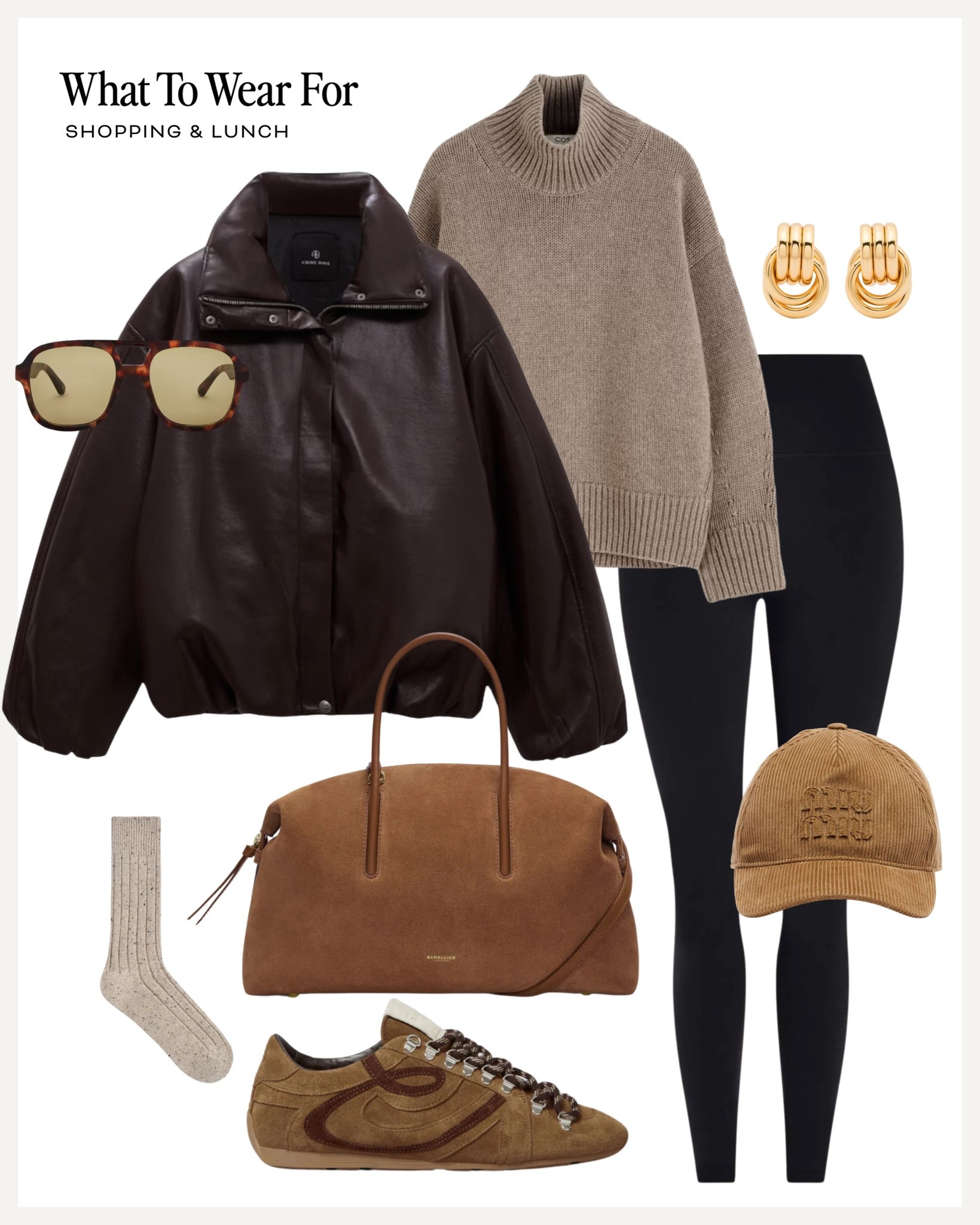 Shopping & lunch 

Black leggings / leather bomber jacket / beige knit / suede bag & trainers / athleisure 

#LTKuk #LTKstyletip