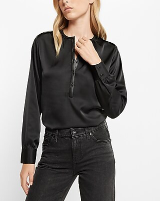Satin Faux Leather Trim Half Button Up Top | Express