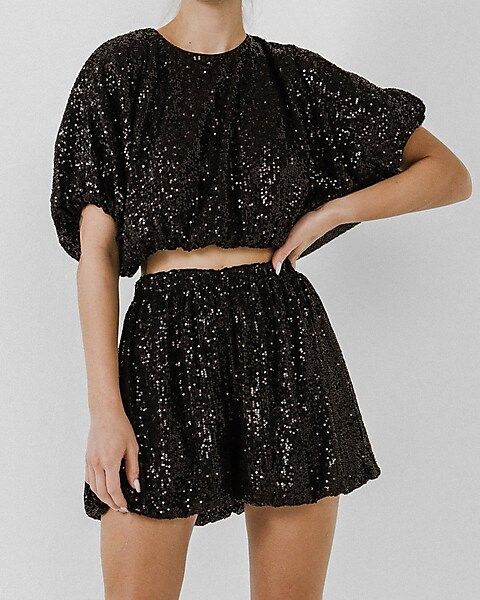 Endless Rose Sequin Cropped Puff Sleeve Top | Express