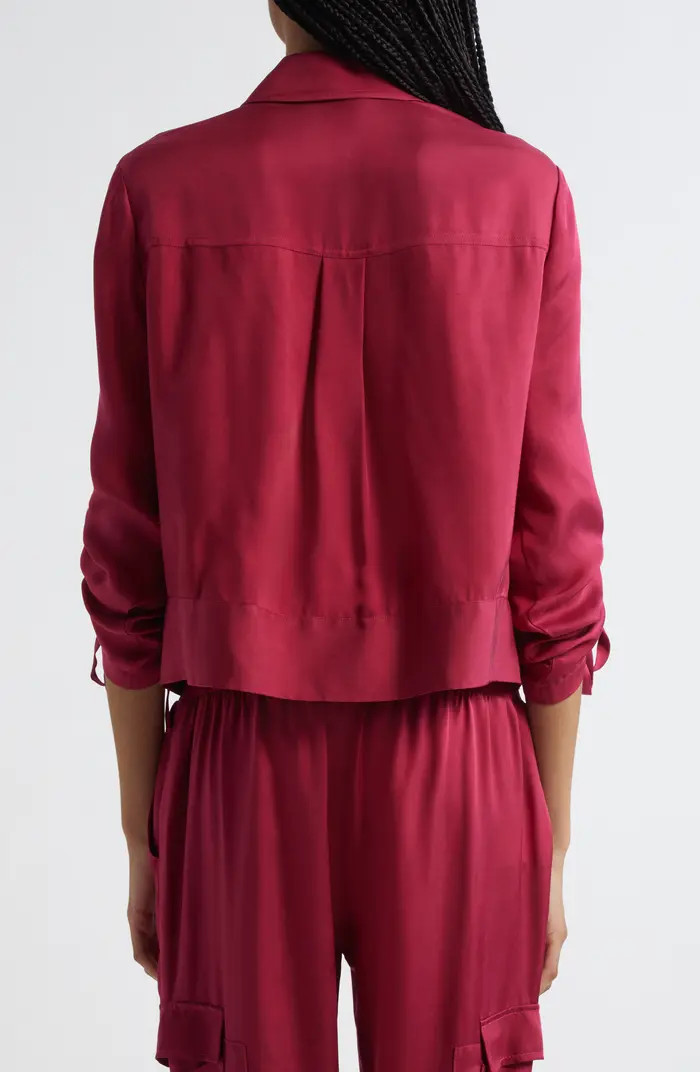 Cinq à Sept Dale Ruched Sleeve Cupro Satin Jacket | Nordstrom | Nordstrom