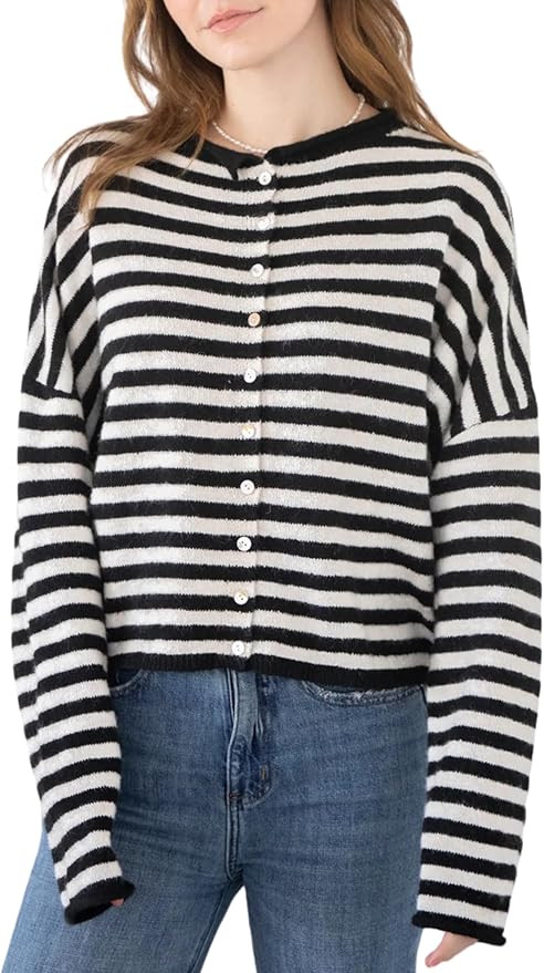 Esmeling Women's Crew Neck Casual Cardigan Sweater Open Front Wavy Long Sleeves Cropped Knit Oute... | Amazon (US)