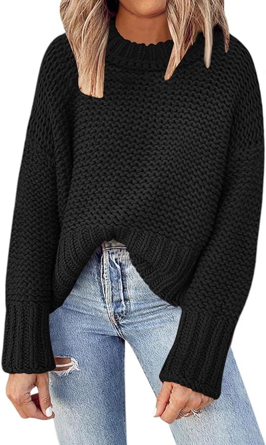 DEEP SELF Women's Crewneck Chunky Knit Sweater Batwing Long Sleeve Loose Fall Solid Pullover Swea... | Amazon (US)