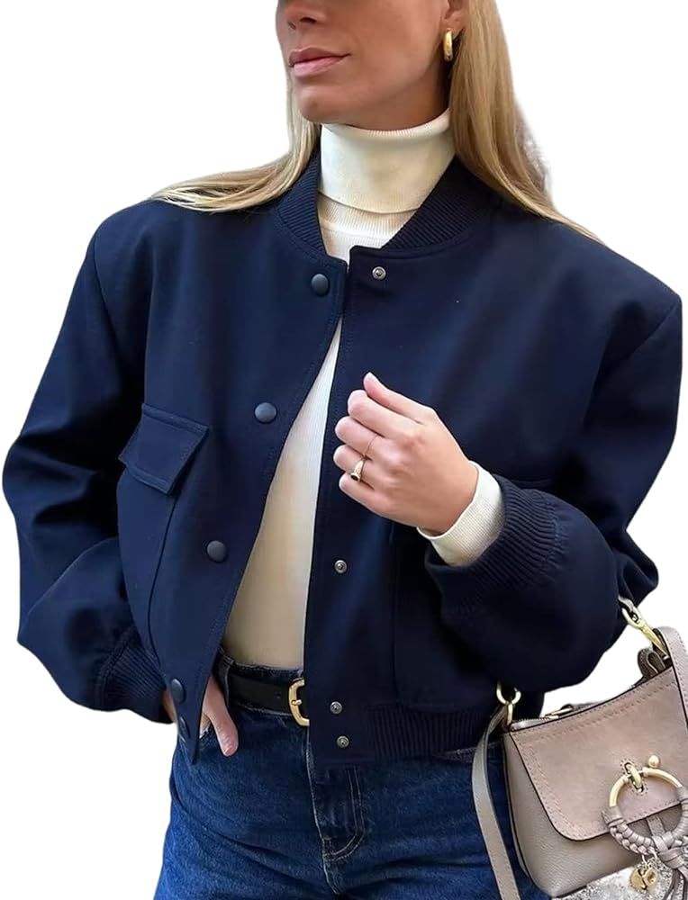 Yimoon Women's Lightweight Cropped Bomber Jacket Casual Long Sleeve Varsity Jacket with Pocket Fa... | Amazon (US)