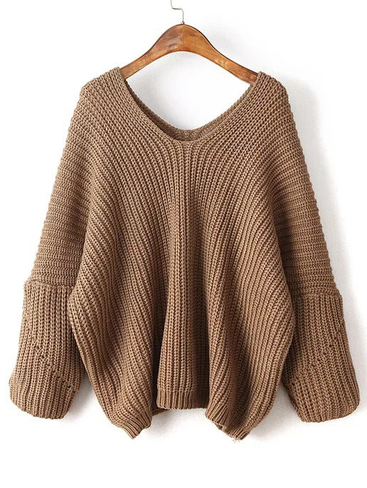 Coffee V Neck Drop Shoulder Oversized Sweater | SHEIN