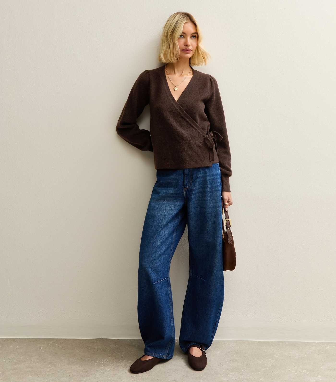 Dark Brown Puff Sleeve Wrap Jumper | New Look | New Look (UK)