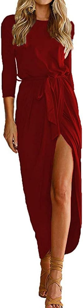 Qearal Women Short/3/4 Sleeve Belted Dress Elastic Waist Slit Long Maxi Dress | Amazon (US)