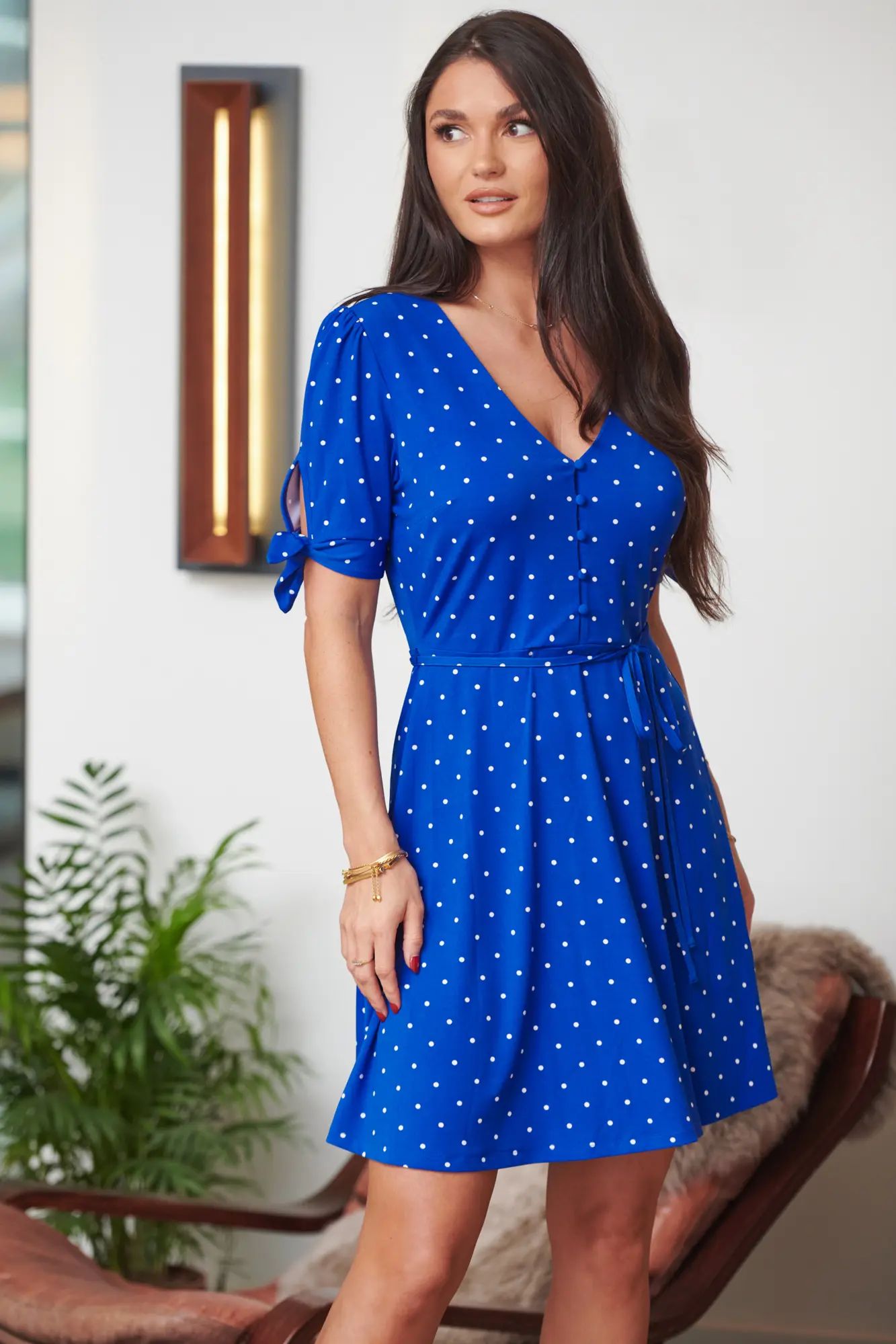 Bella Slinky Recycled Jersey Tie Sleeve Tea Dress - Cobalt Spot | Pour Moi