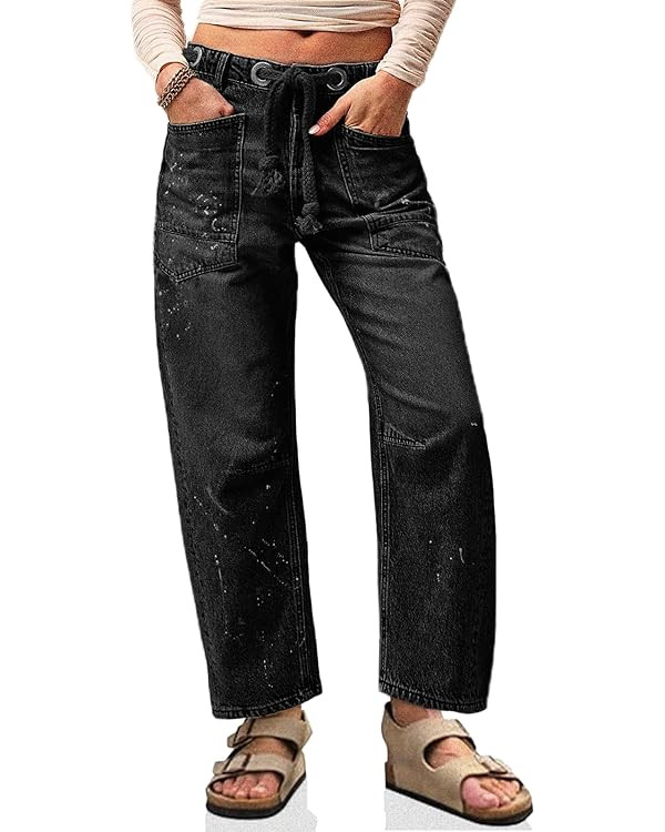 Cicy Bell Womens Baggy Barrel Horseshoe Jeans Wide Leg Drawstring Vintage Denim Pants with Front ... | Amazon (US)