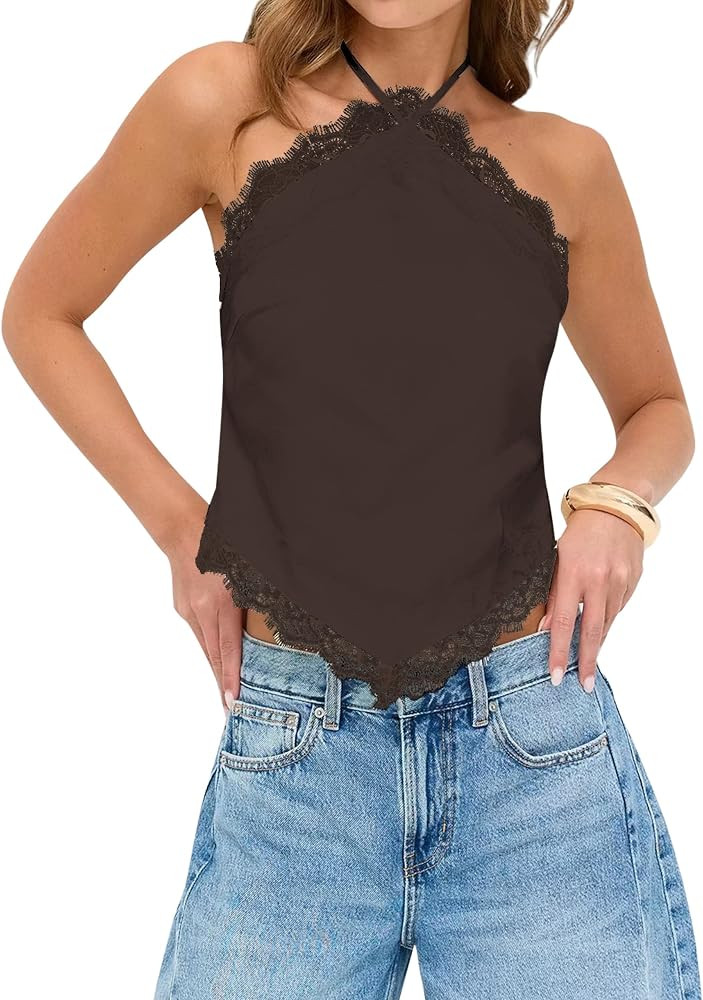 Womens Silk Satin Halter Top Lace Trim Cami Top Handkerchief Hem Sexy Sleeveless Backless Y2K Goi... | Amazon (US)