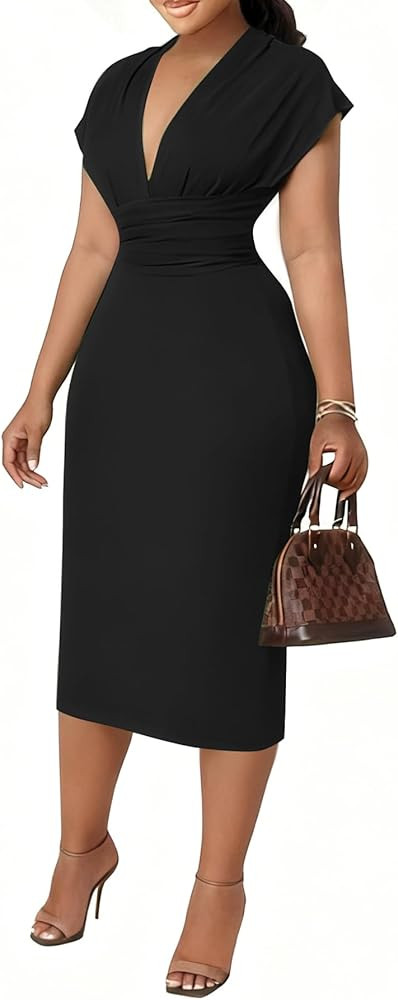 Women's Bodycon Midi Dress Deep V-Neck Cap Sleeve Ruched High Waist Stretchy Dresses for Date Nig... | Amazon (US)