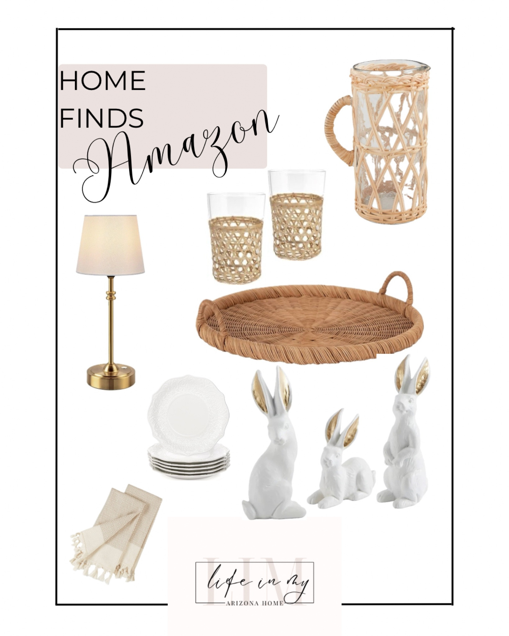Home finds on Amazon!  Follow @lifeinmyarizonahome on Instagram for more inspiration. 

Rattan pitcher | rattan woven cups | cordless battery operated table lamp | woven round tray | Easter bunny figurines set of 3 | 8 in embossed porcelain dessert plates | Turkish hand towels 

#LTKSeasonal #LTKHome #LTKFindsUnder50